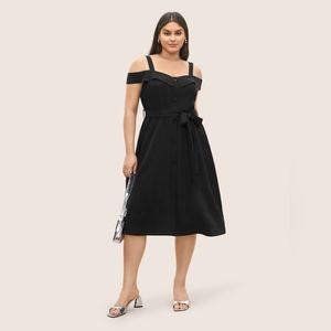 NEW NWT Plus Size Bloomchic Black Cold Shoulder Button Detail Belted Dress Sz 3X